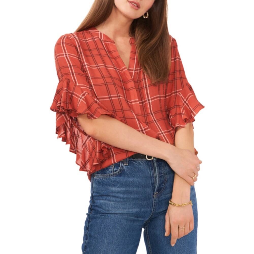 Vince Camuto Women's Orange Ruffled Plaid‎ 3/4 Sleeve V Neck Top Small #13